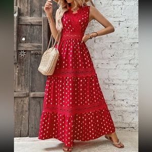 Boho red lace insert ruffle hem maxi dress